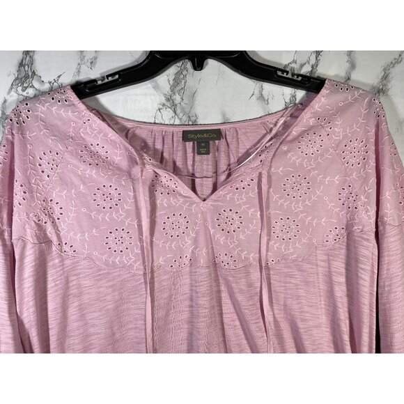 Style & Co Womens Pink Eyelet Embroidered Peasant Blouse 3/4 Sleeve Size 0X - Picture 3 of 8